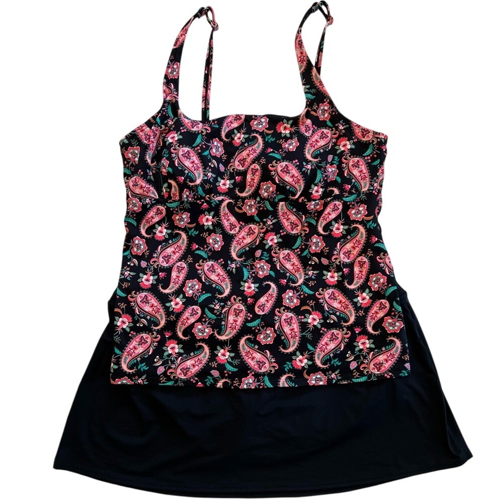 Lands' End Swimsuit 2 Piece Paisley Print Black & Pink Swim Tank & Skirt Size 18